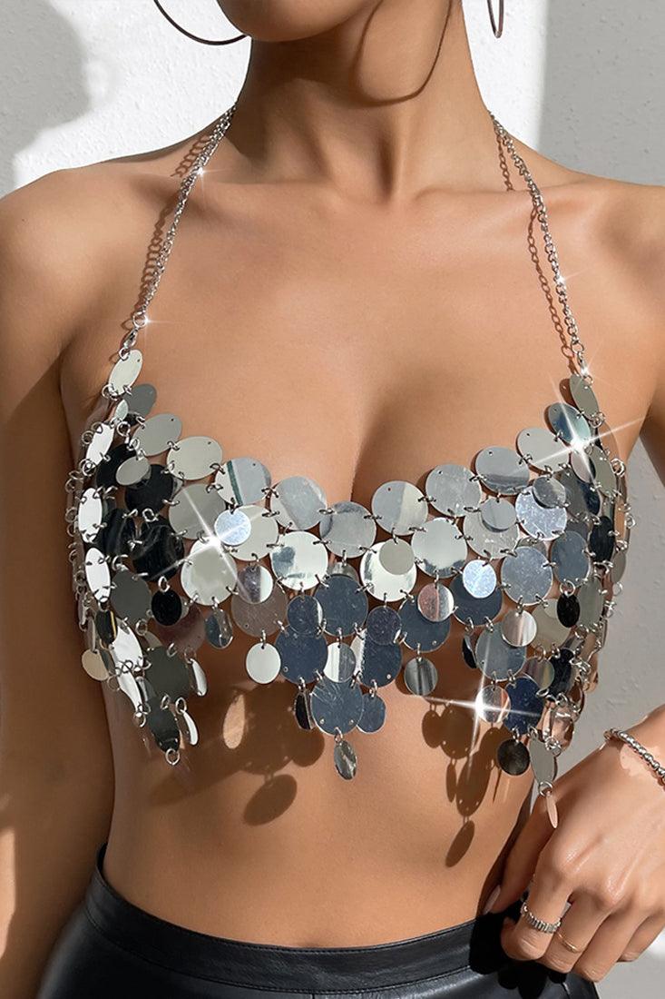 Silver Coin Sequin Chain Halter Crop Sexy Party Top