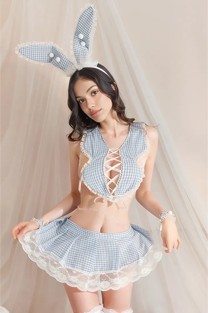Blue white Gingham Lace Pom Pom 6Pc Sexy Bunny Costume