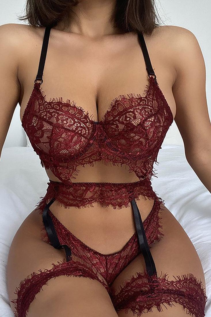 Wine Eyelash Lace Bra Thong Garter Belt 5Pc Lingerie Set