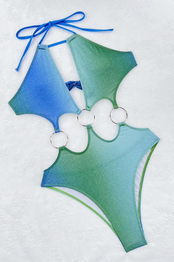 Blue Green Gradient Shimmer O-Ring Cut-Out Sexy Monokini 1Pc Swimsuit