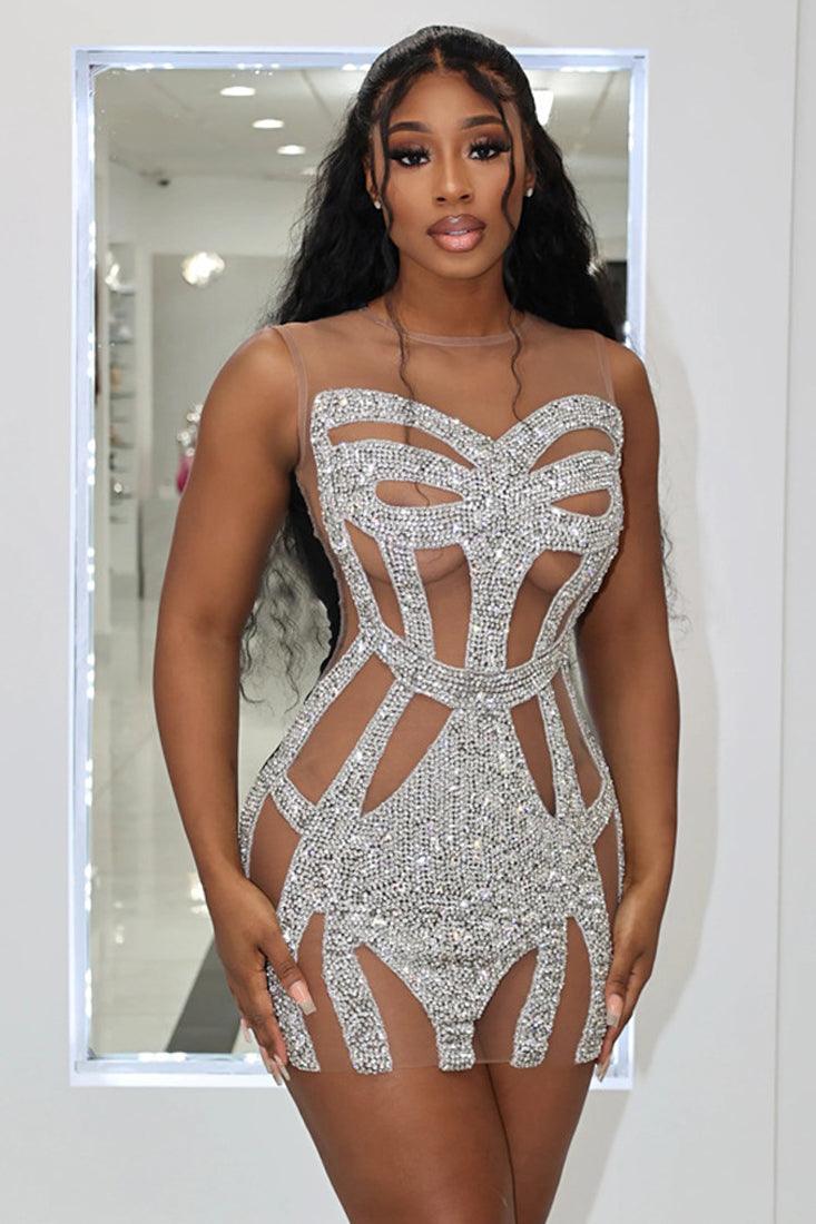 White Silver Rhinestones Nude Mesh Sexy Party Dress