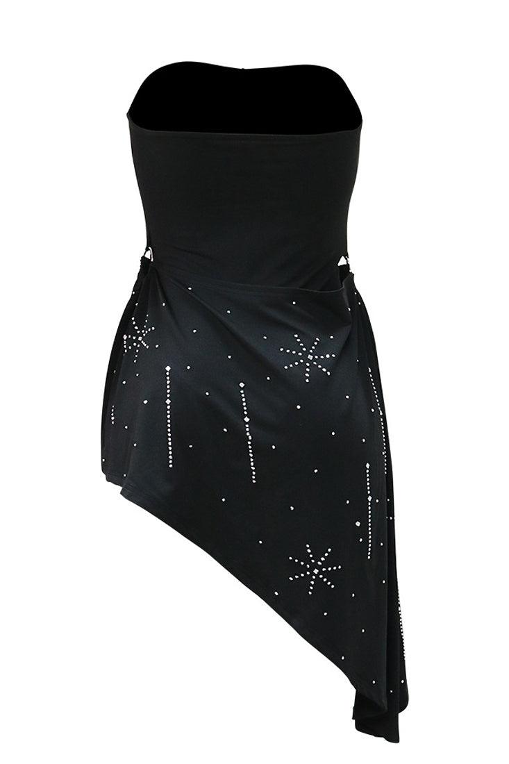 Black Strapless Silver Rhinestone O-Ring Side Cut-Out Asymmetrical Sexy Party Dress 900707