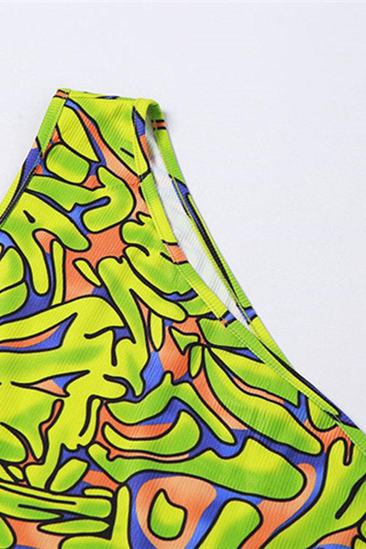 Lime Green Printed One Shoulder Ribbed Fitted Sexy Dress