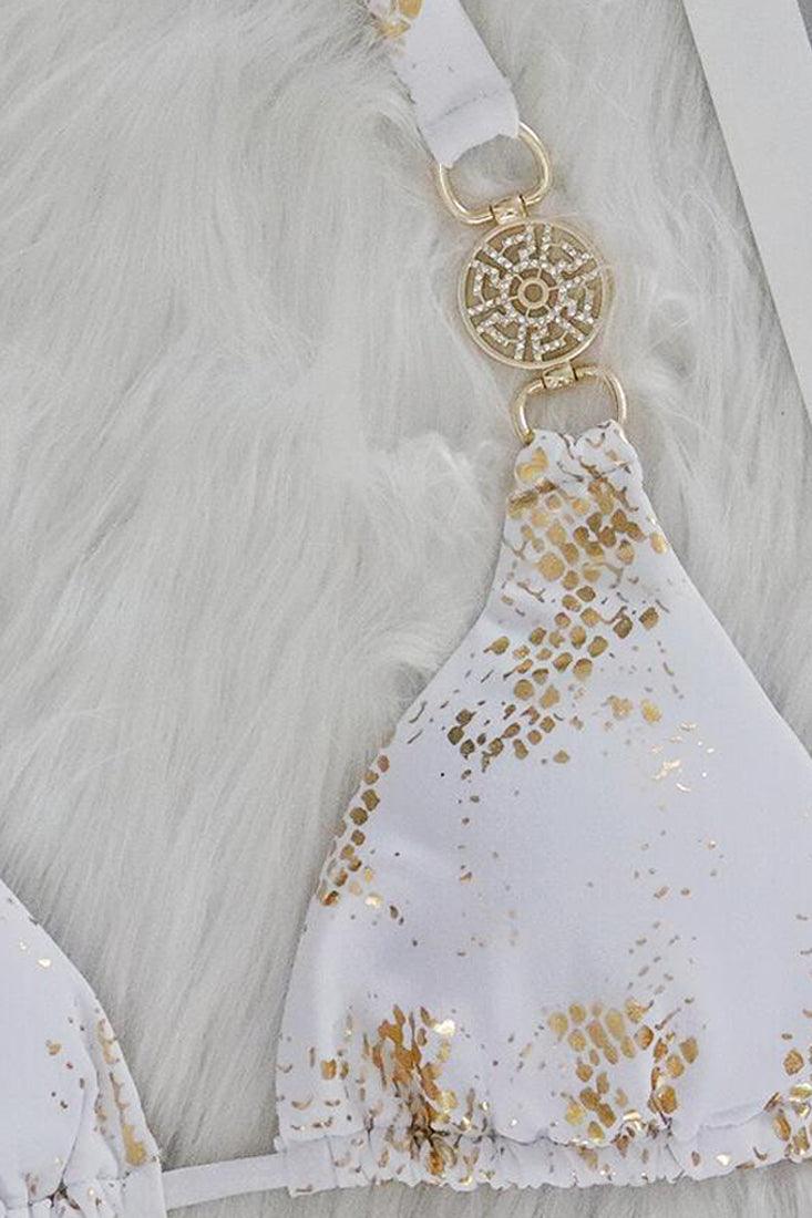 White Gold Foil Snake Print Rhinestone Triangle Cheeky Ruched Butt 2Pc Swimsuit Set Bikini