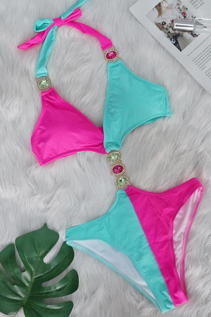 Pink Mint Block Rhinestone One Piece Cheeky Swimsuit Monokini