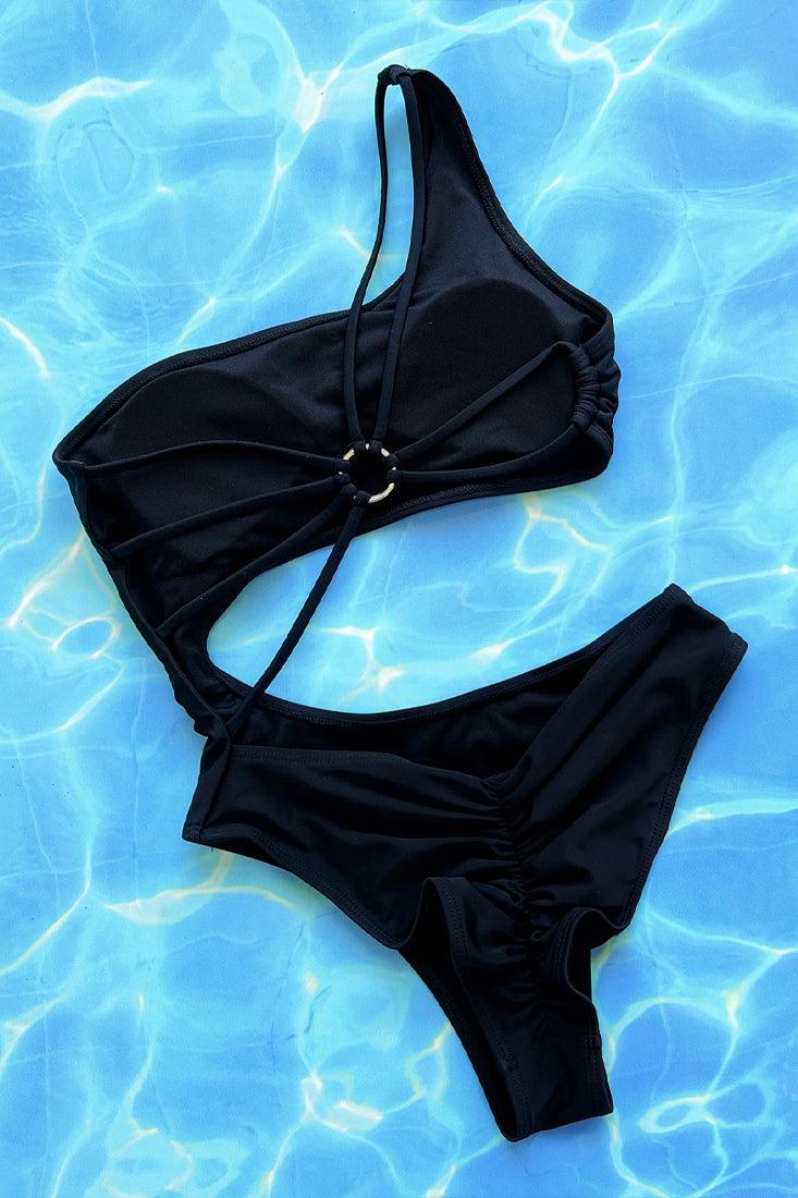 Black One Shoulder Strappy Back Ruched Butt Sexy 1Pc Swimsuit Monokini
