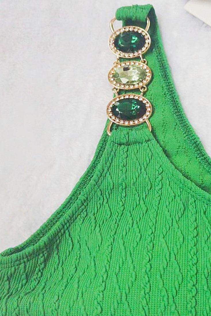 Green Rhinestone Gem One Shoulder 2Pc Bikini Sexy Swimsuit Set