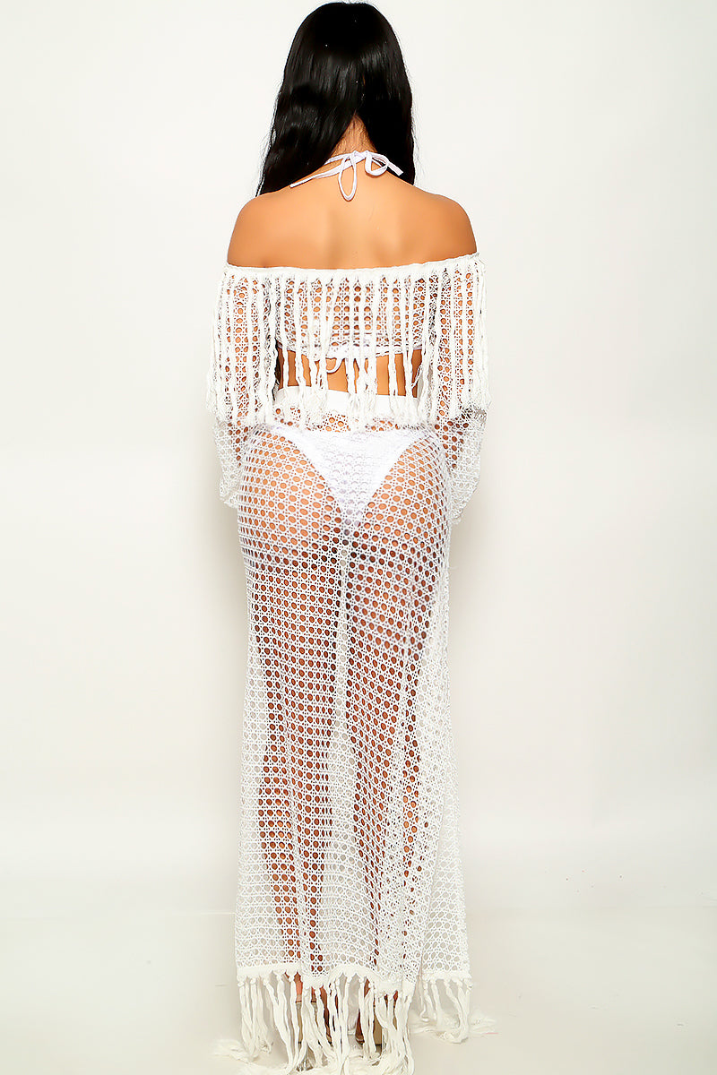White Crochet Fringe Netted Maxi 2Pc Top Skirt Sexy Beach Cover-Up Outfit