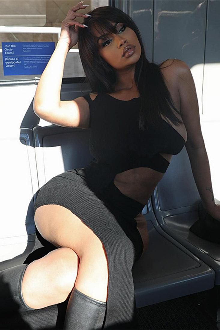 Black Ribbed Sleeveless Cut-Out Fitted Sexy Midi Dress