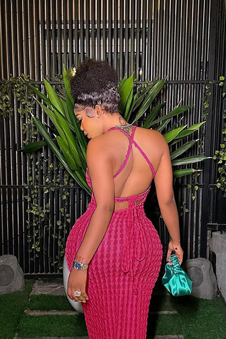 Hot Pink Textured Halter Strappy Sexy Mini Dress