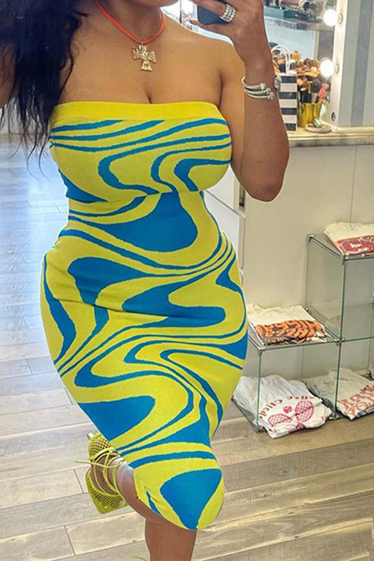 Yellow Multi Printed Strapless Fitted Sexy Midi Dress