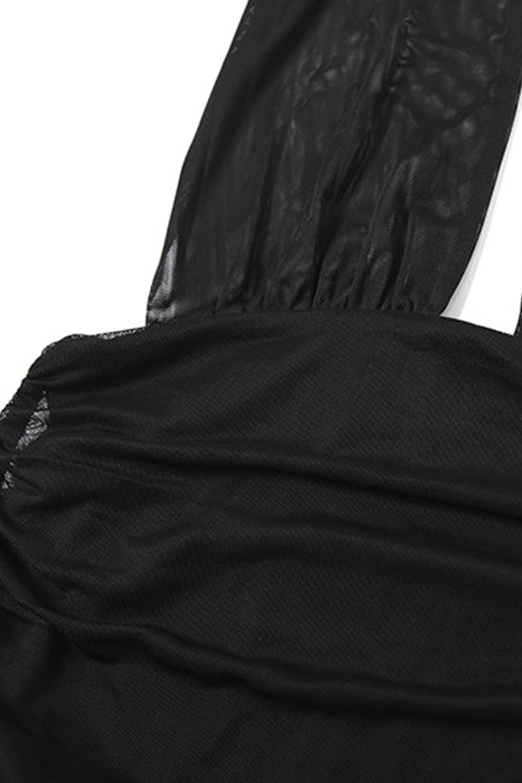 Black Mesh Plunging Halter Ruffle Built-In Romper Sexy Mini Dress