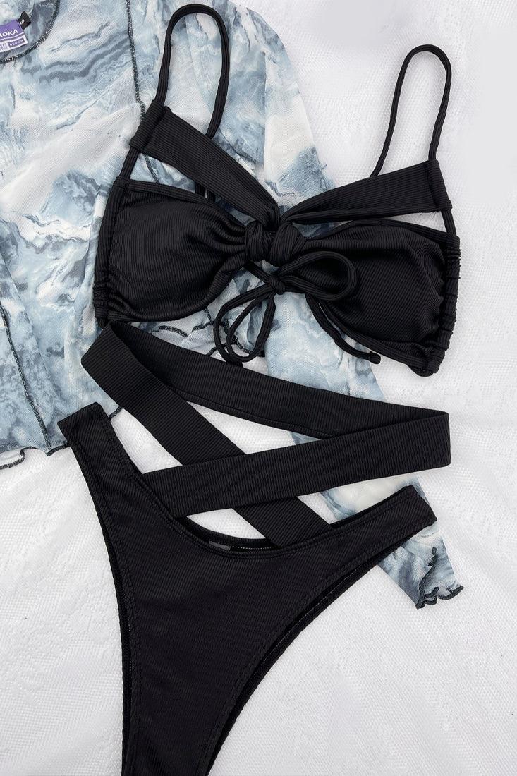 Black Ribbed Thick Strappy Cut-Out High-Waist Cheeky Sexy 2Pc Swimsuit Set