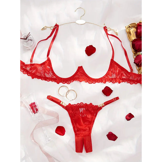 Plus Size Dew Bra Open T Back Lingerie Set