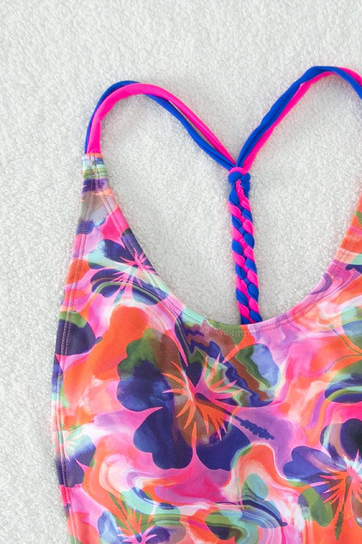 Pink Multi Hibiscus Flower Butterfly Print Strappy Sexy Monokini Swimsuit