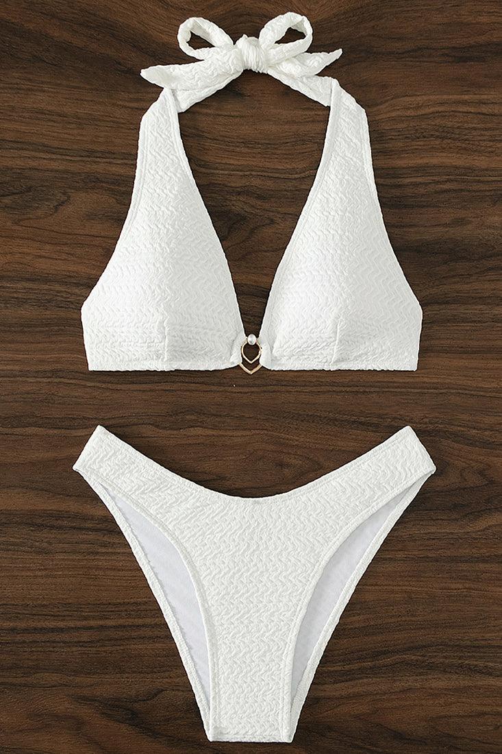 White Halter Gold Ring Pearl Cheeky 2Pc Sexy Swimsuit Bikini
