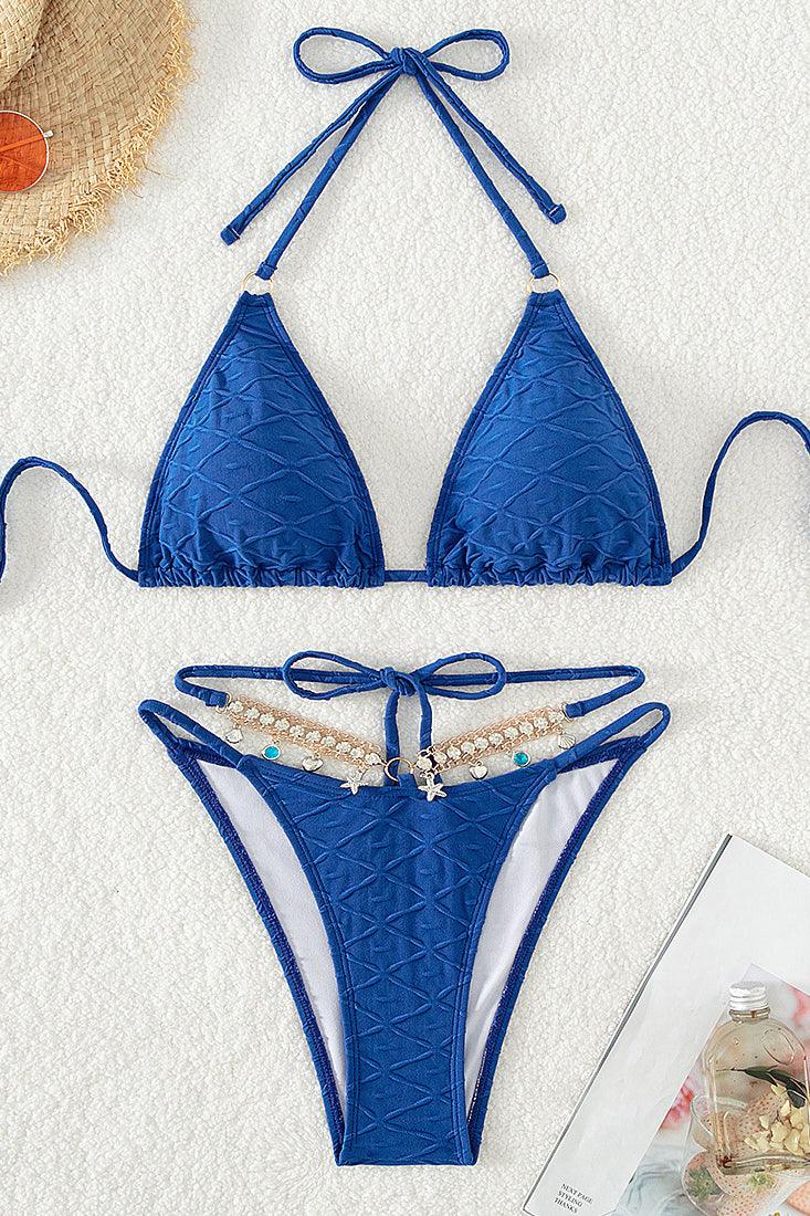 Blue Rhinestone Star Fish Strappy Triangle Cheeky 2Pc Sexy Swimsuit Set Bikini