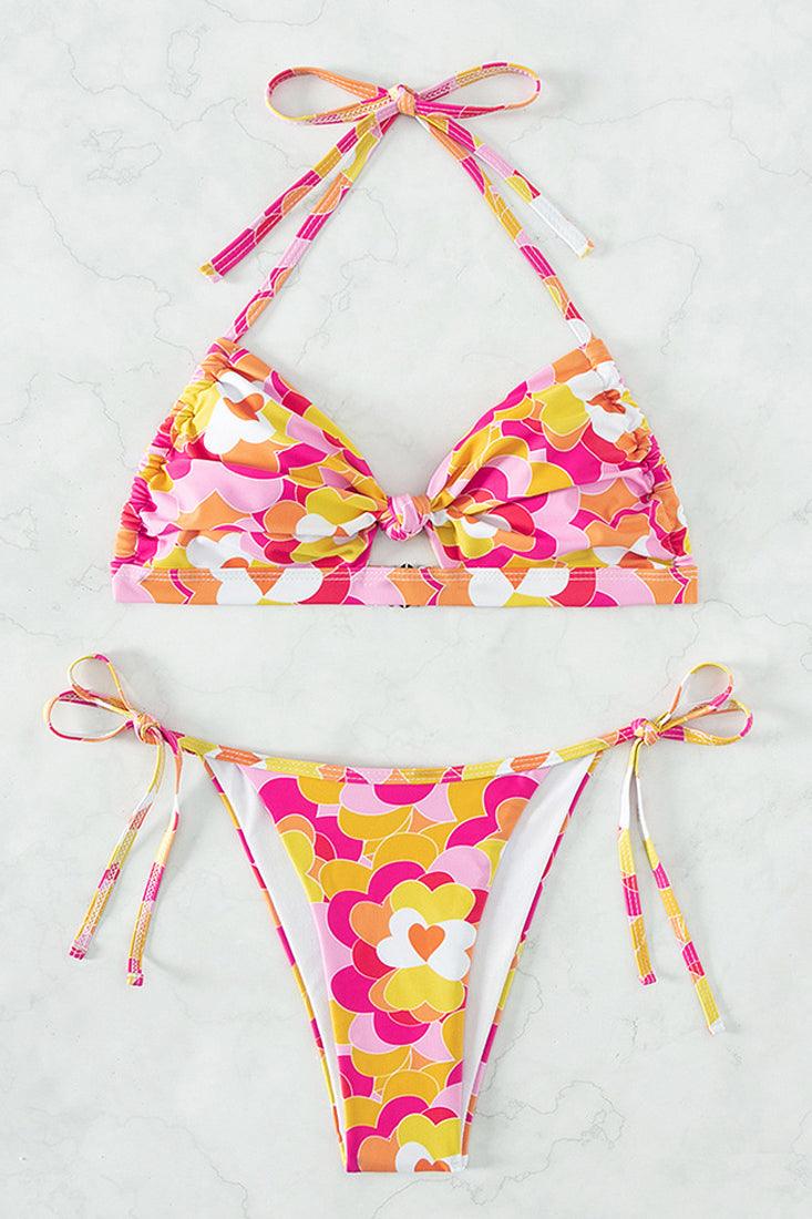 Red Floral Twist Knot Cut-Out Cheeky 2Pc Sexy Swimsuit Set Bikini