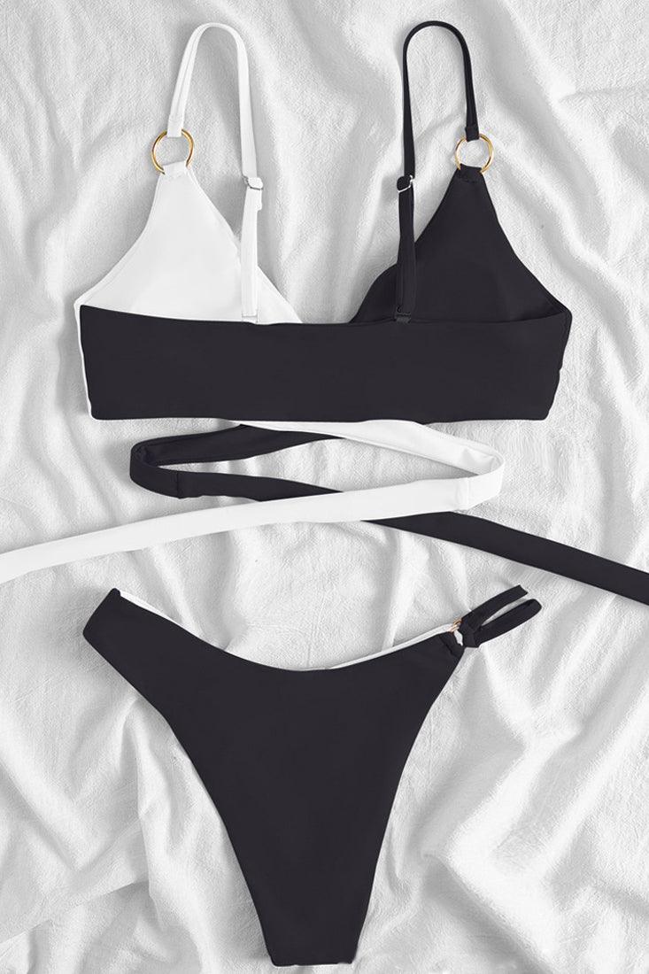 Black White Cross Strappy Cheeky 2Pc Sexy Swimsuit Set Bikini