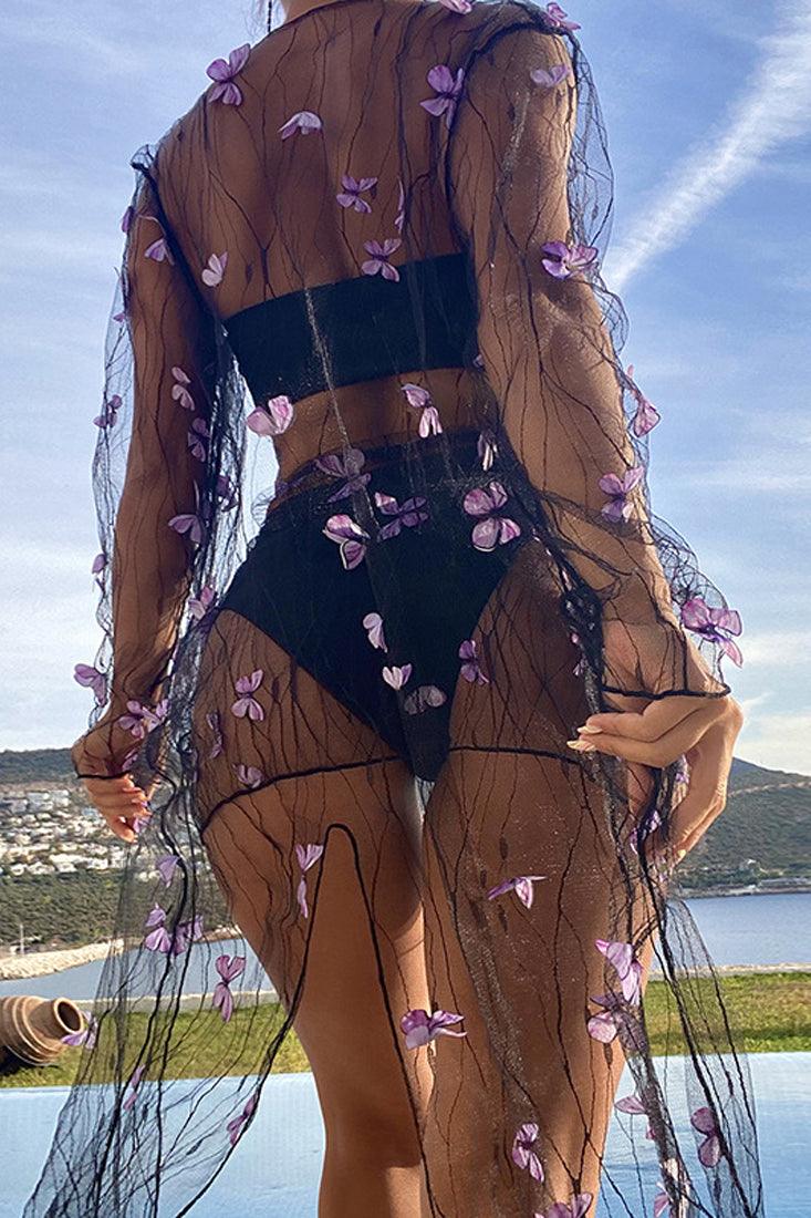 Black Butterfly Print Bandeau Mesh Sexy Four Piece Swimsuit