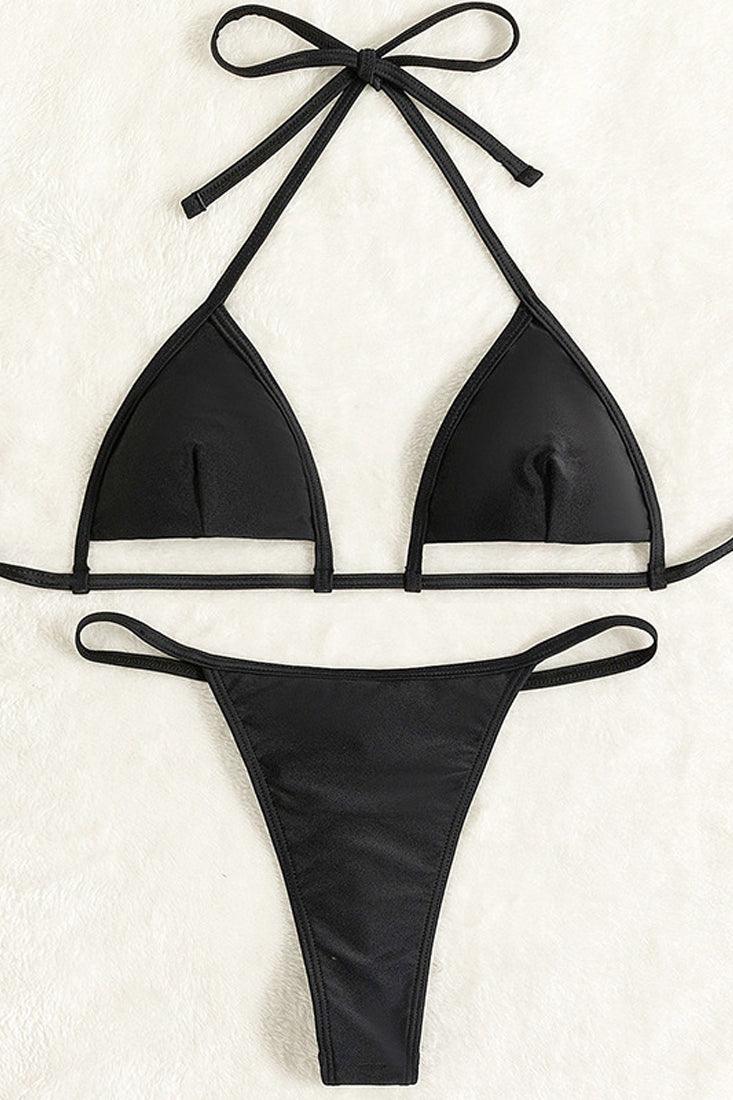 Black Cut Out Cheeky  Back Rhinestones Two Piece Thong Swimsuit