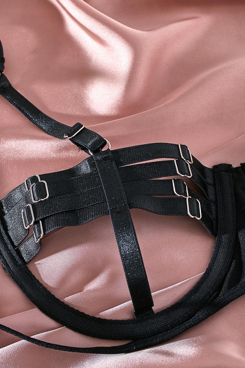 Black Cut Out Underwire Garter Cheeky Thong Lingerie Set