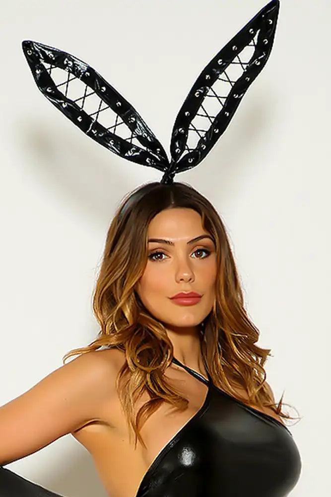 Black Faux Leather Laceup Bunny Ear Headband Costume Accessory