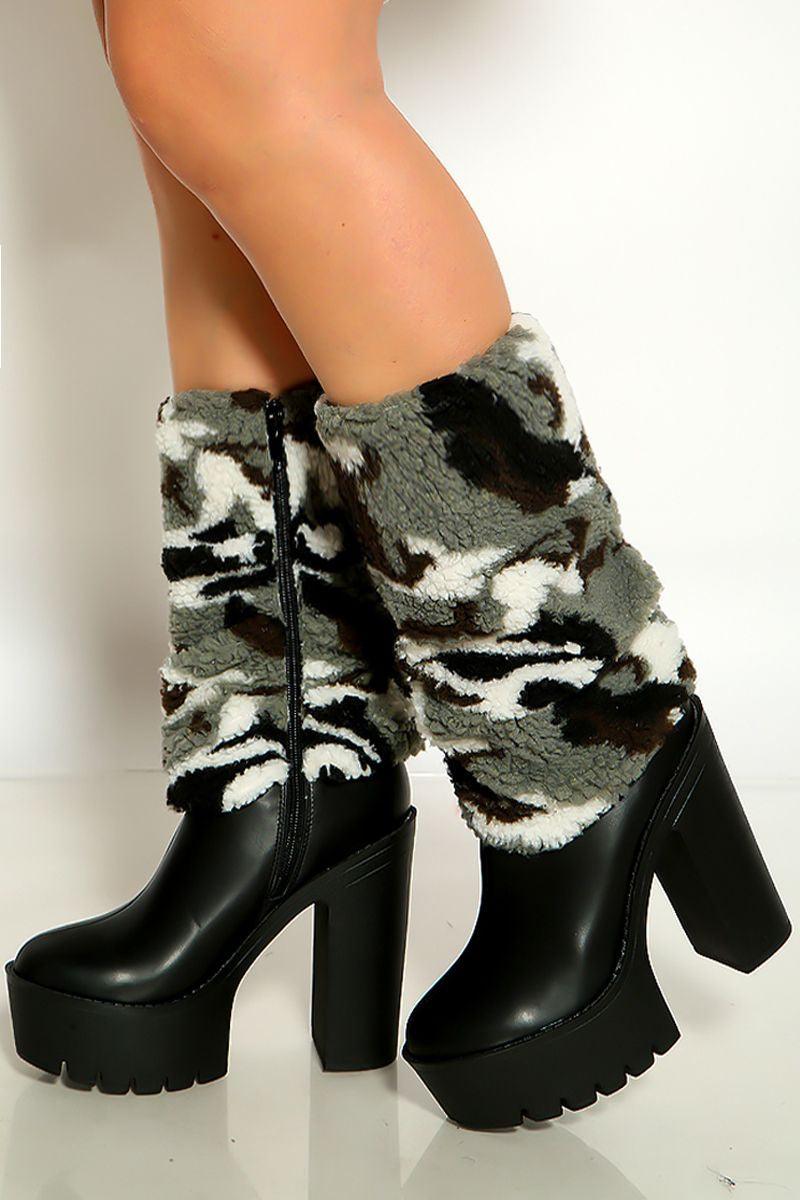 Black Faux Leather Slouchy Fleece Fur Platform Boots
