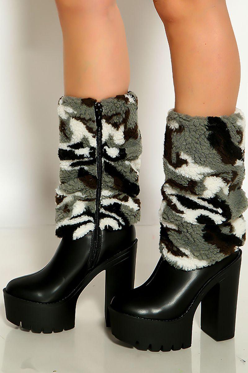Black Faux Leather Slouchy Fleece Fur Platform Boots