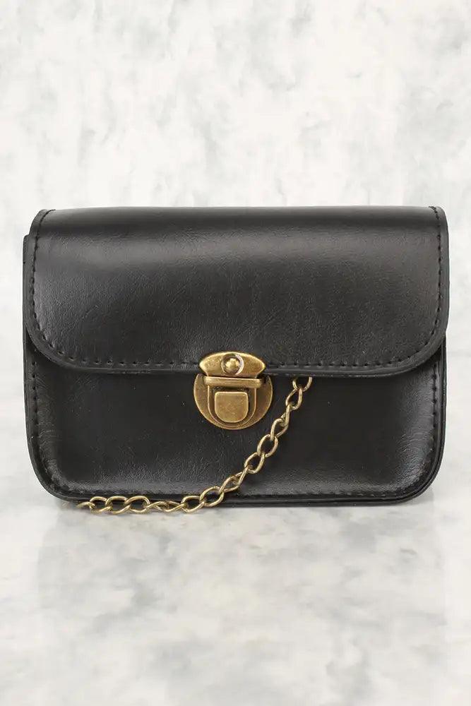 Black Faux Leather Snap Lock Closure Chain Strap Handbag