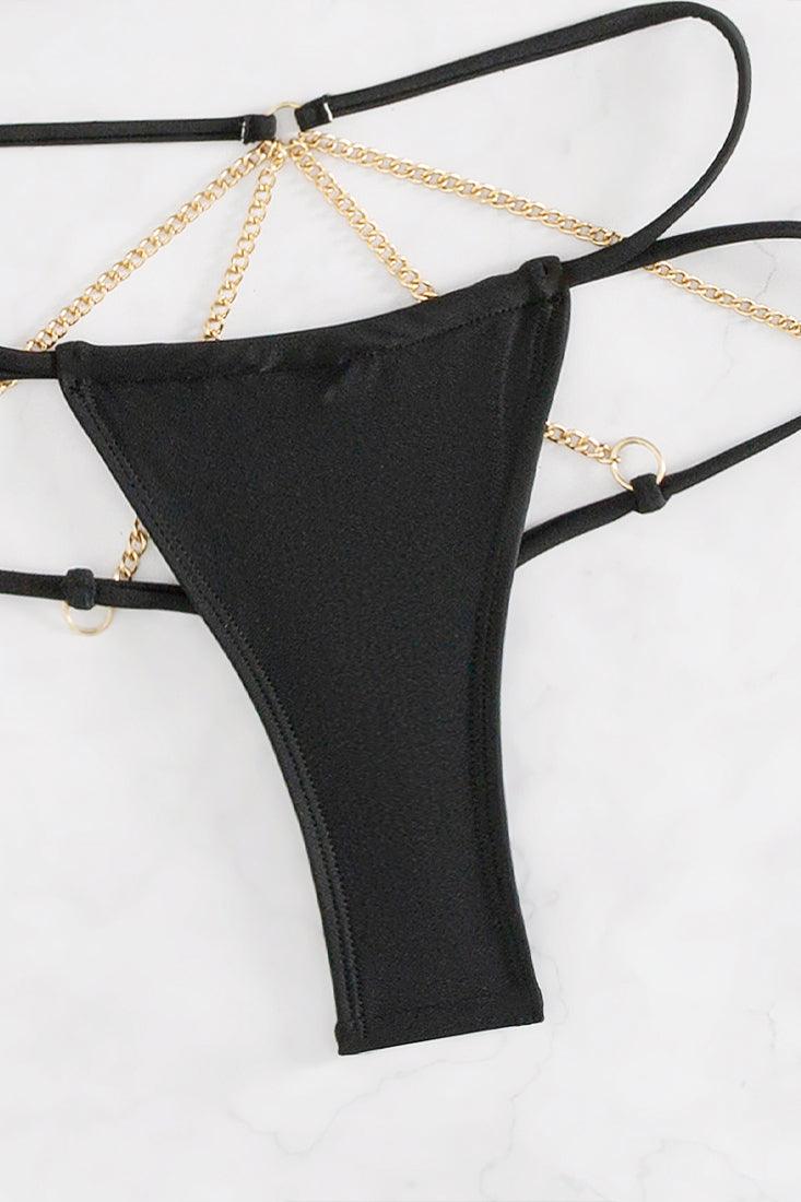 Black Gold Chain Strappy Micro Bikini Thong 2Pc Swimsuit Set