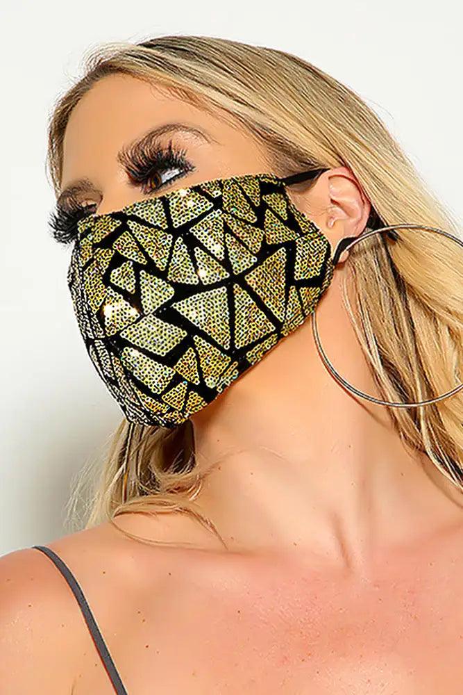 Black Gold Two Tone Sequin Geometric Print Fashion Mask