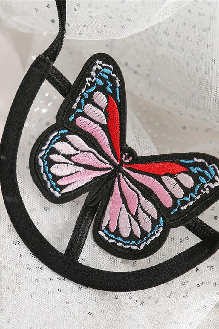 Black Halter Butterfly Embroidered Strappy 2 Pc Lingerie Set