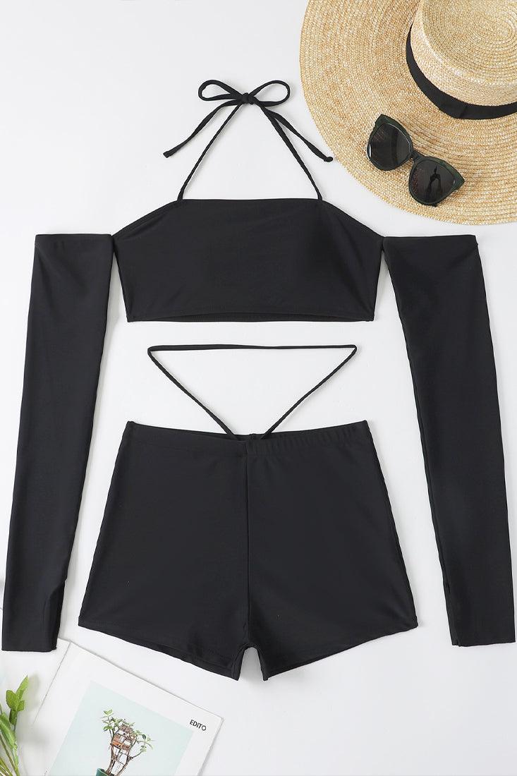 Black Halter Off Shoulder Strappy Shorts 2 Pc Swim Set