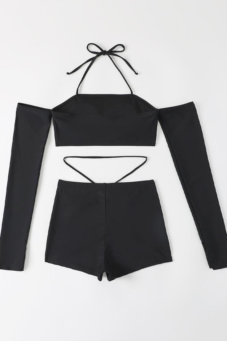 Black Halter Off Shoulder Strappy Shorts 2 Pc Swim Set