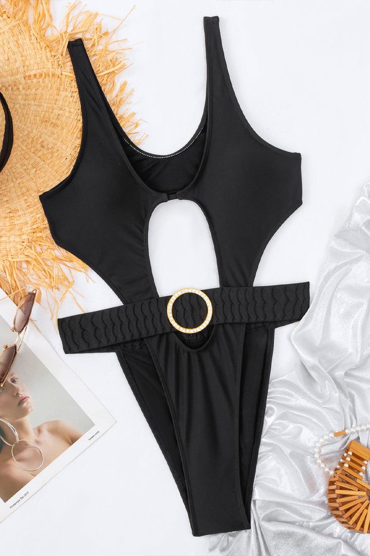 Black High Cut Belted Rhinestone Buckle Sexy Monokini Swimsuit