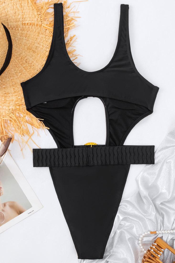 Black High Cut Belted Rhinestone Buckle Sexy Monokini Swimsuit