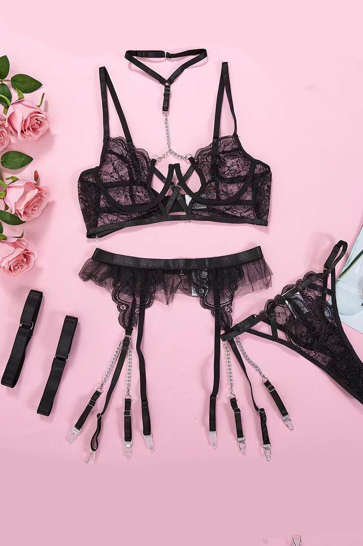 Black Lace Chain Chocker Thong Garter 5 Pc Lingerie Set