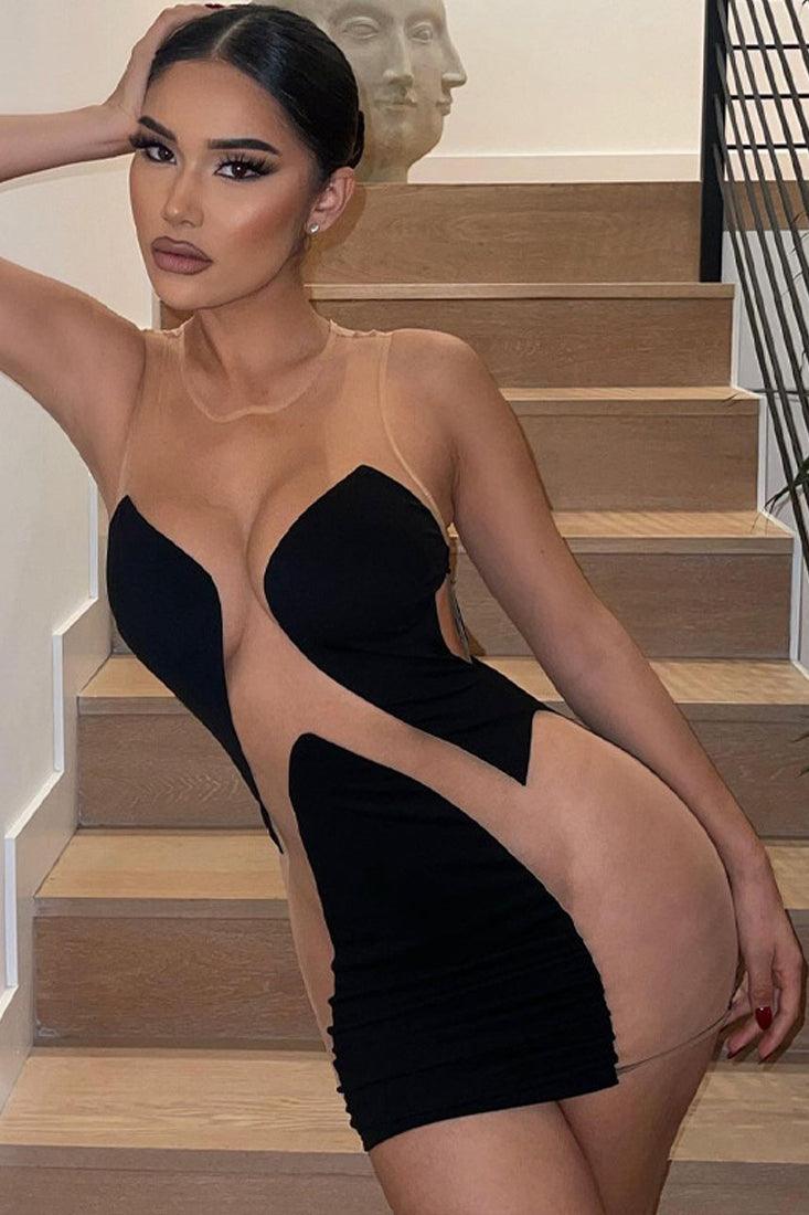 Black Nude Mesh Mini Design Detail Sexy Party Dress