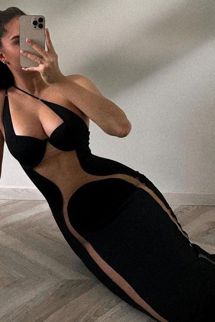 Black Nude Mesh Sleeveless Sexy Party Dress