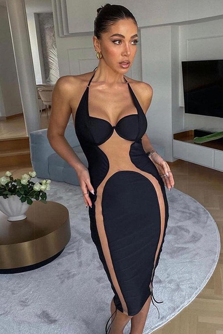 Black Nude Mesh Sleeveless Sexy Party Dress