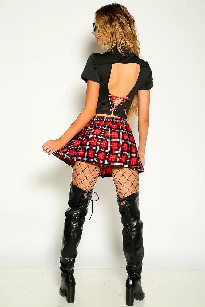 Black Red Plaid Zip Up Short Sleeve 3 Piece School Girl Costume