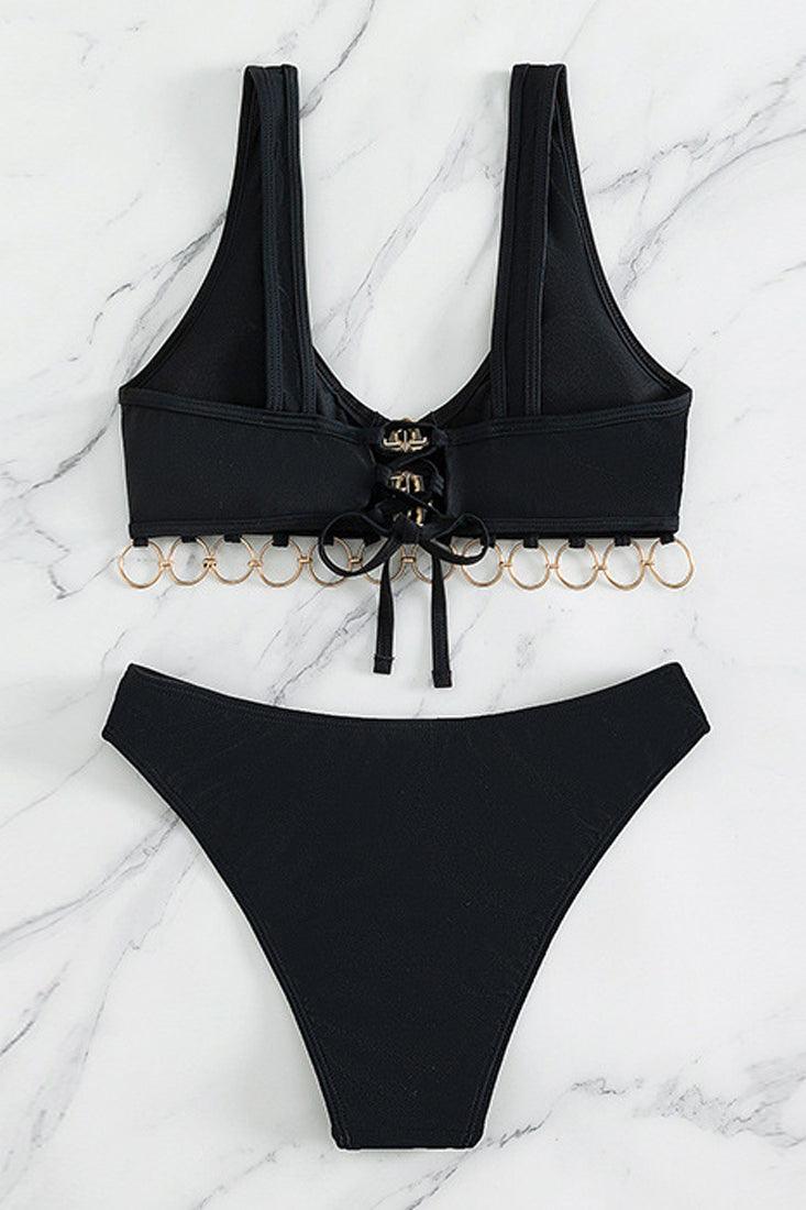 Black Rhinestone O-rings Cheeky 2Pc Bikini Swimsuit Set