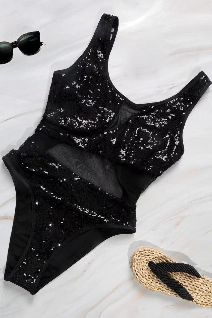 Black Sequin Cut-Out Mesh Sexy 1Pc Swimsuit Monokini