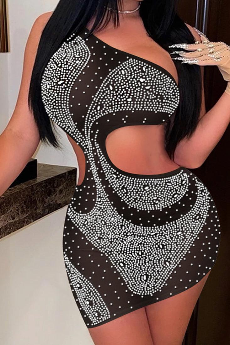 Black Silver Mesh Rhinestone Accent Cut Out Sexy Party Dress