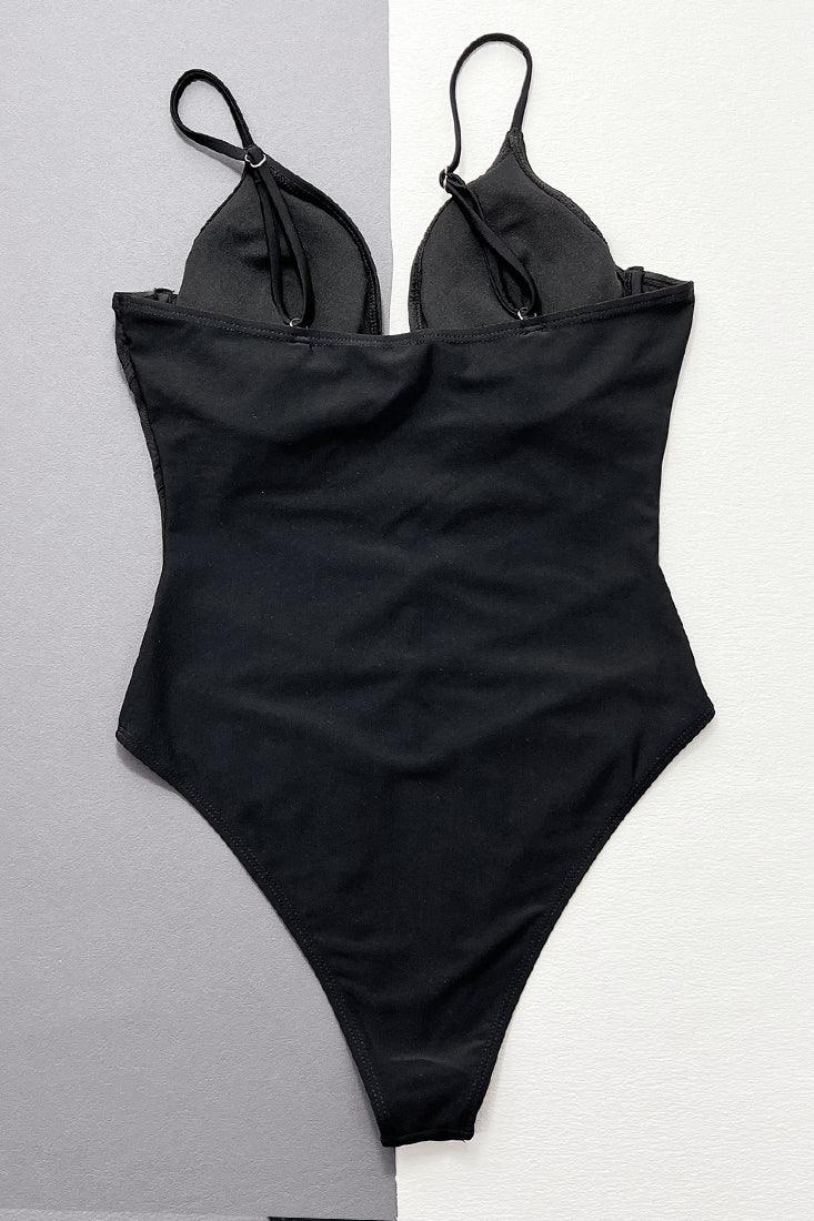 Black V-Wired Mesh Strappy Sexy 1Pc Swimsuit Monokini