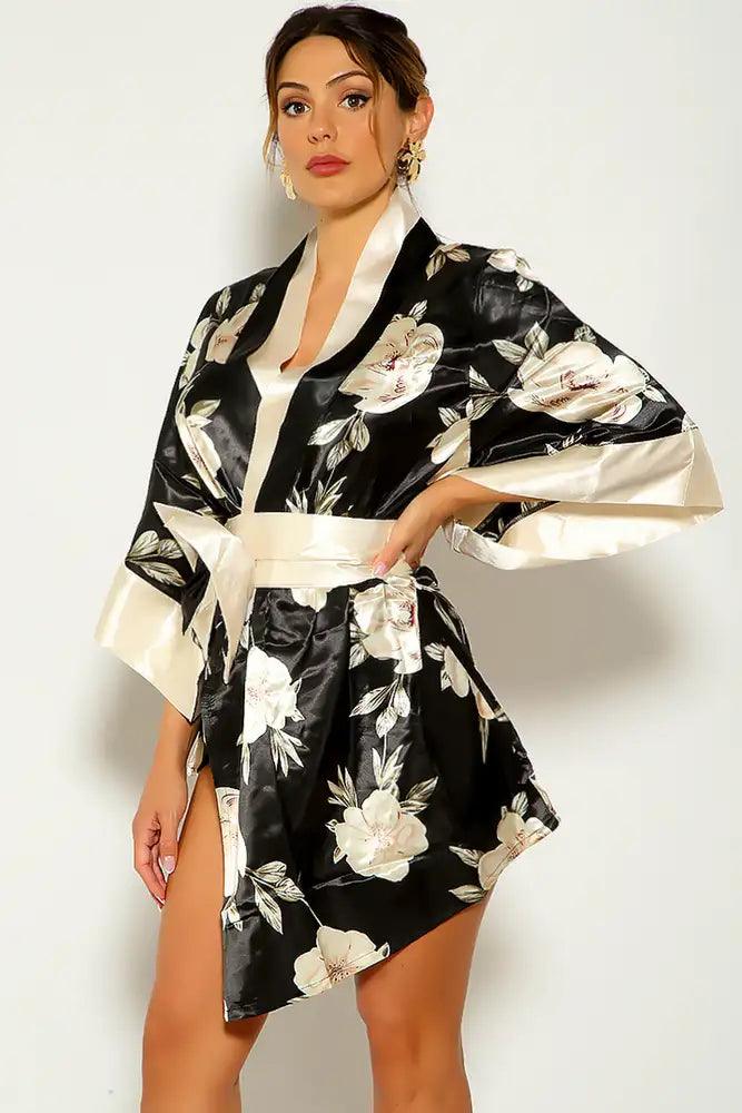 Black White Sexy Floral Print Traditional Japanese Kimono 3pc Sexy Costume
