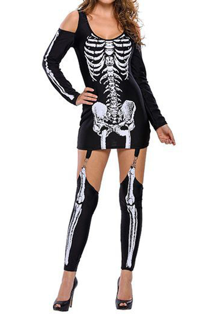 Black White Skeleton Cold Shoulders Leg Warmer 3 Pc Costume