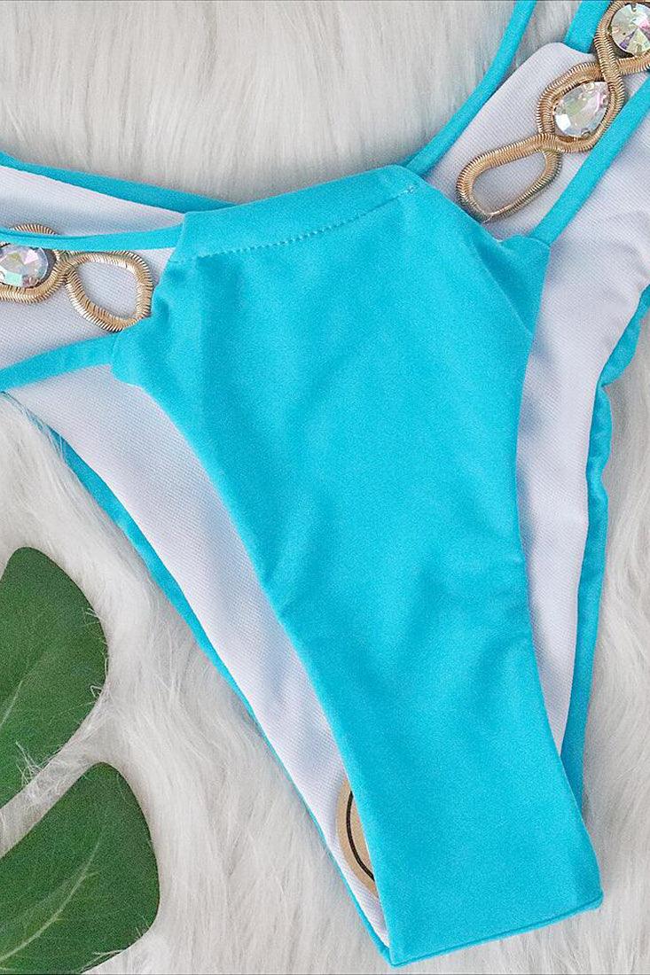 Blue Strappy Big Rhinestones Cut-Out Cheeky 2Pc Swimsuit Bikini