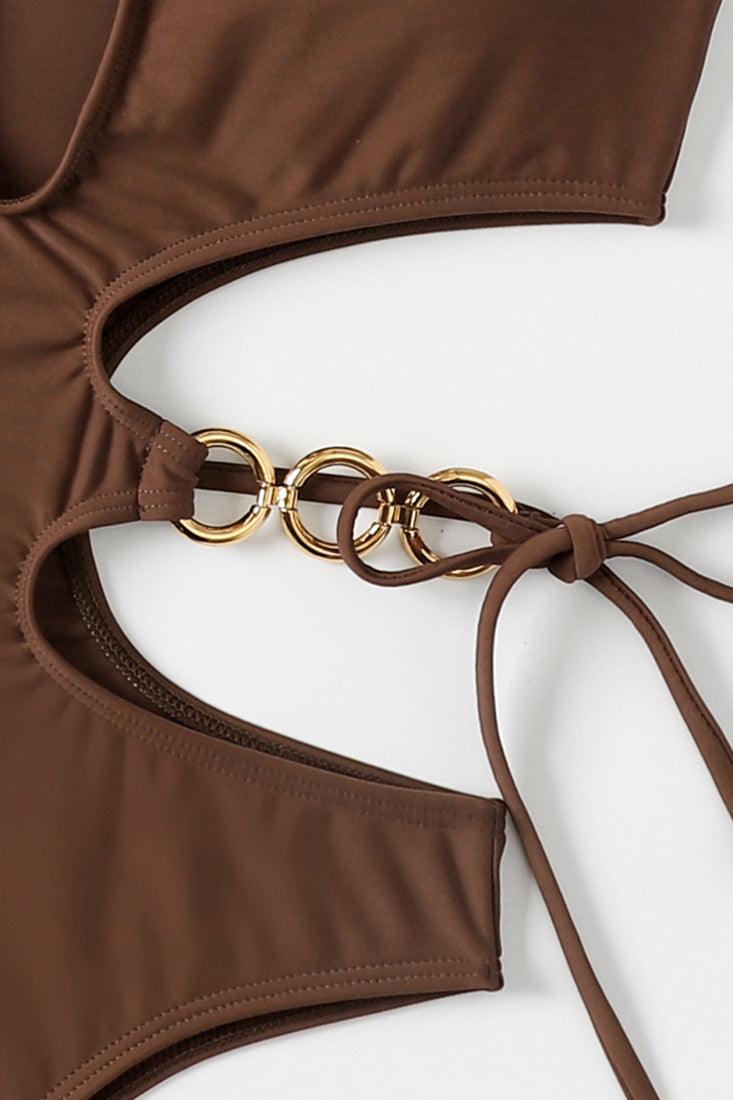 Brown Gold Ring Linked Cut Out Halter One Pc Swimsuit